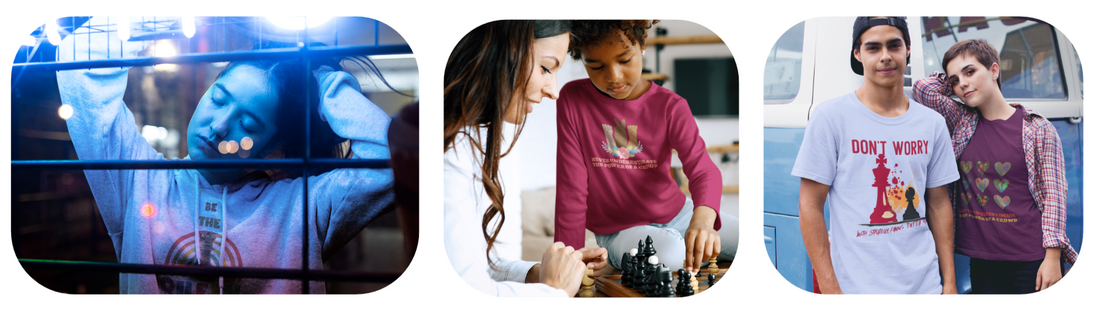 Three scenes featuring people wearing graphic apparel: a young woman in moody neon lighting wearing a hoodie that says 'Be The Queen'; a child playing chess in a maroon shirt that reads 'Never underestimate the power of a crowd'; and two young adults leaning on a van, one in a T-shirt with a chess-themed 'Don't Worry With Strategy Pawns Defeat Kings' design, the other in a shirt with multiple colorful hearts and the same crowd quote.